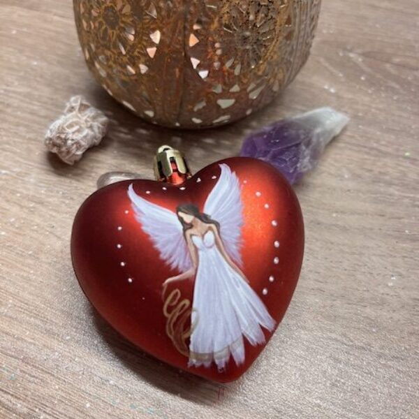 Andělská úplňková ručně malovaná baňka ve tvaru srdce | Průměr 6,5 cm | Spirála