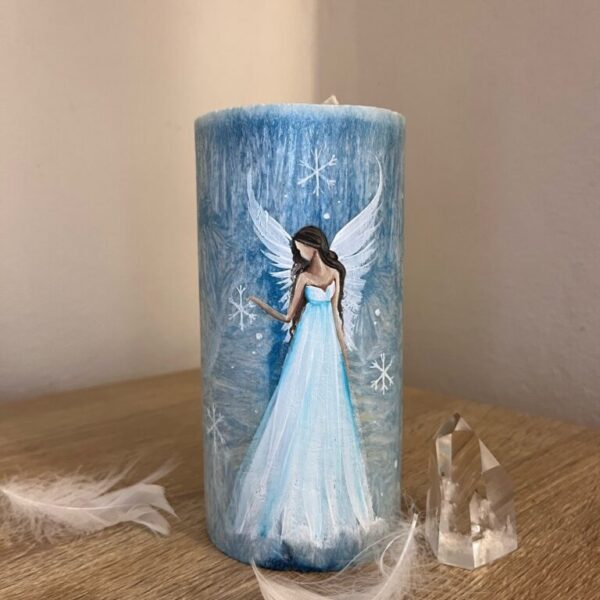 Andělská ručně malovaná vysokovibrační svíčka - Ledová vločka - 15 cm