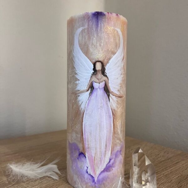 Andělská ručně malovaná vysokovibrační svíčka - Odevzdávám, přijímám - 20cm
