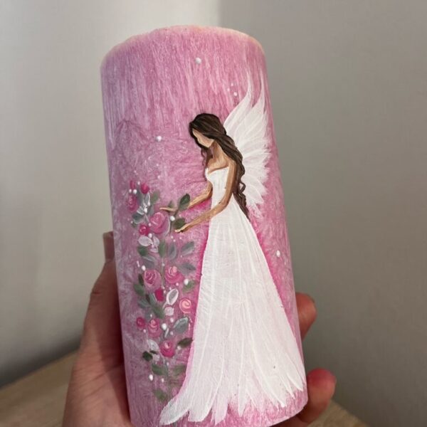 Andělská ručně malovaná vysokovibrační svíčka - Růžičková - 15 cm