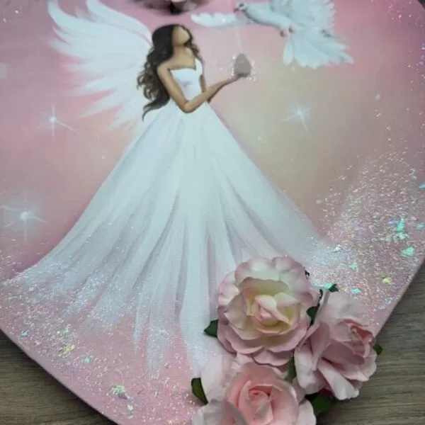 Andělský obraz ve tvaru srdce s minerálem  | Pečuji o sebe s láskou |  29 cm