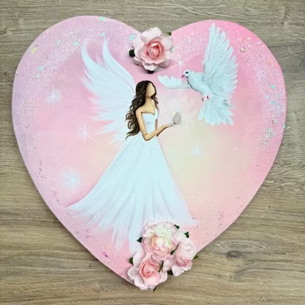 Andělský obraz ve tvaru srdce s minerálem  | Pečuji o sebe s láskou |  29 cm