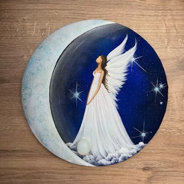 Andělský úplňkový obraz svítící ve tmě s opalitem | Vše má svůj čas | 30cm