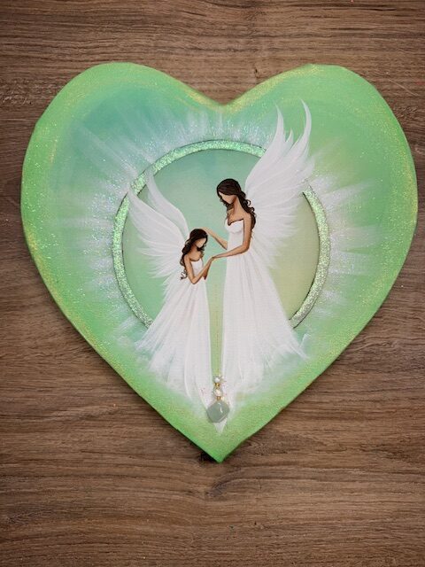 Andělský obraz plný lásky ve tvaru srdce s akvamarínem | Léčení srdce | 30 cm