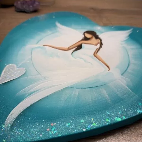 Andělský ochranný obraz ve tvaru srdce | Chráním tvůj prostor | Modrý | 30x30 cm