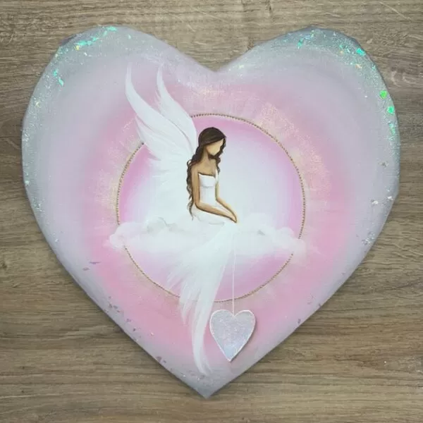 Andělský ochranný obraz ve tvaru srdce | Chráním tvůj prostor | Růžový | 30x30 cm