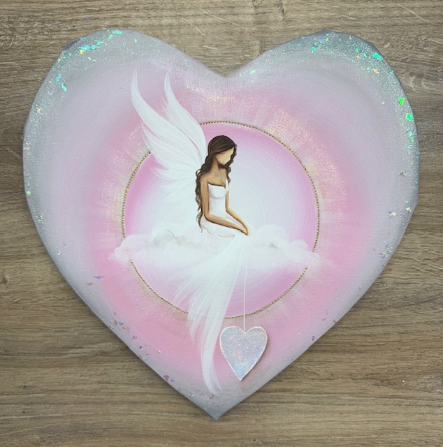 Andělský ochranný obraz ve tvaru srdce | Chráním tvůj prostor | Růžový | 30x30 cm