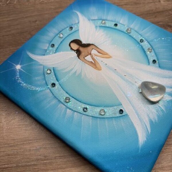 Andělský ochranný obraz s křišťály | Zklidnění a ochrana | 20x20 cm