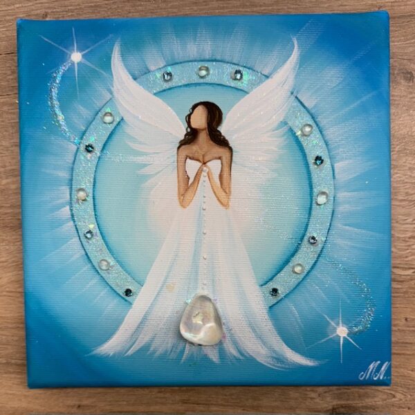Andělský ochranný obraz s křišťály | Zklidnění a ochrana | 20x20 cm
