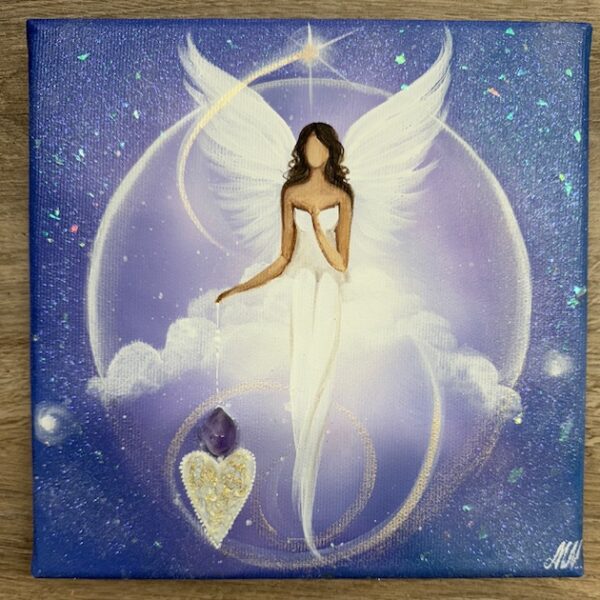 Andělský ochranný a harmonizační obraz s ametystem  | Uvolnění bolestí ze srdce | 20x20 cm se srdcem