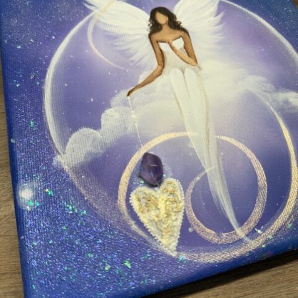 Andělský ochranný a harmonizační obraz s ametystem  | Uvolnění bolestí ze srdce | 20x20 cm se srdcem