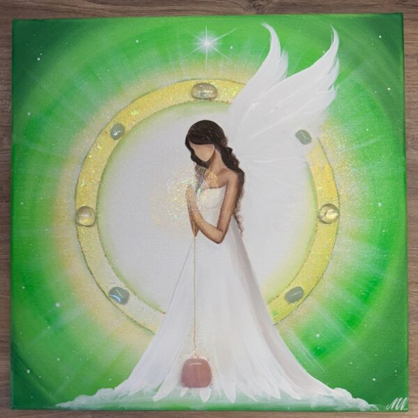 Andělský léčivý a ochranný obraz s růženínem, akvamaríny a křišťály  | Strážce tvého srdce | 40x40 cm.