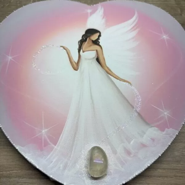 Andělský ochranný obraz ve tvaru srdce s křišťálem | Propojení se světlem | 30 cm