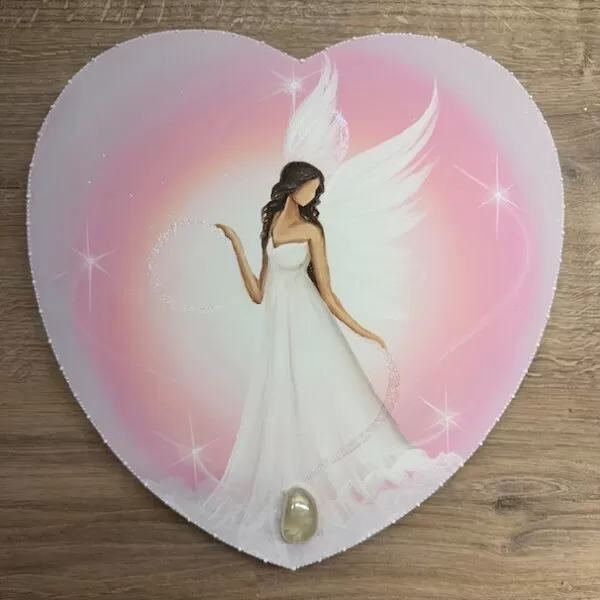 Andělský ochranný obraz ve tvaru srdce s křišťálem | Propojení se světlem | 30 cm