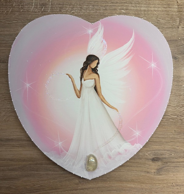 Andělský ochranný obraz ve tvaru srdce s křišťálem | Propojení se světlem | 30 cm