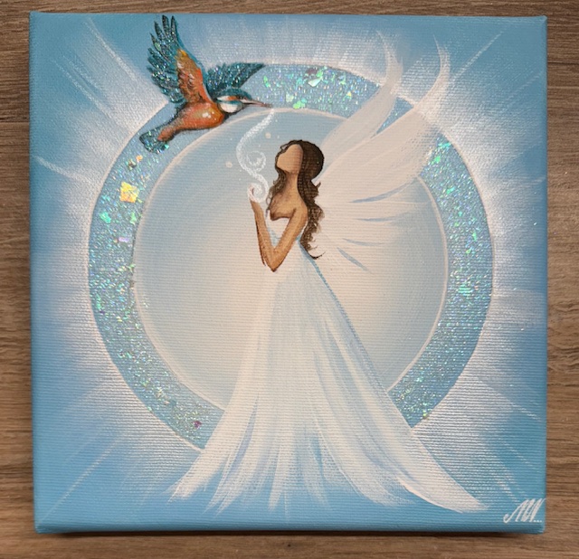 Andělský ochranný obraz s leďňáčkem | Požehnání pro nový začátek | 20x20 cm