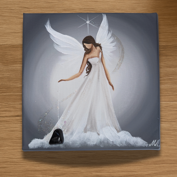 Andělský ochranný obraz s obsidiánem | Chráním tvůj prostor | 20x20cm