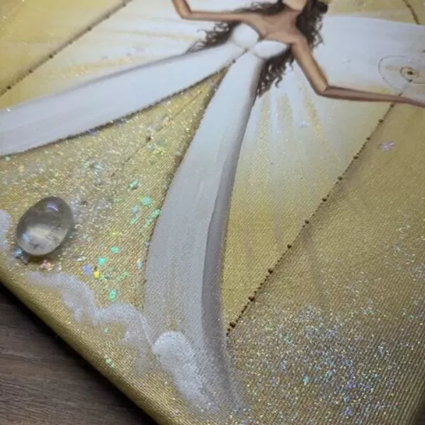 Andělský zlatý obraz v energiích lví brány | Když poznáš sám sebe | 30x30 cm