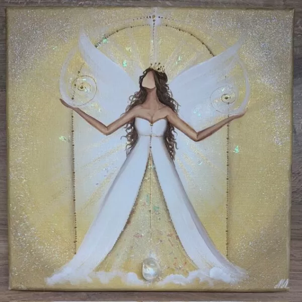 Andělský zlatý obraz v energiích lví brány | Když poznáš sám sebe | 30x30 cm