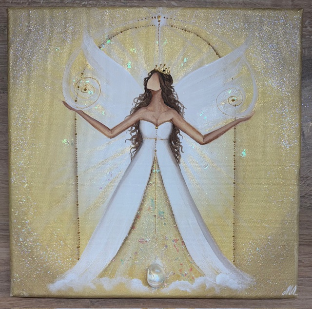 Andělský zlatý obraz v energiích lví brány | Když poznáš sám sebe | 30x30 cm