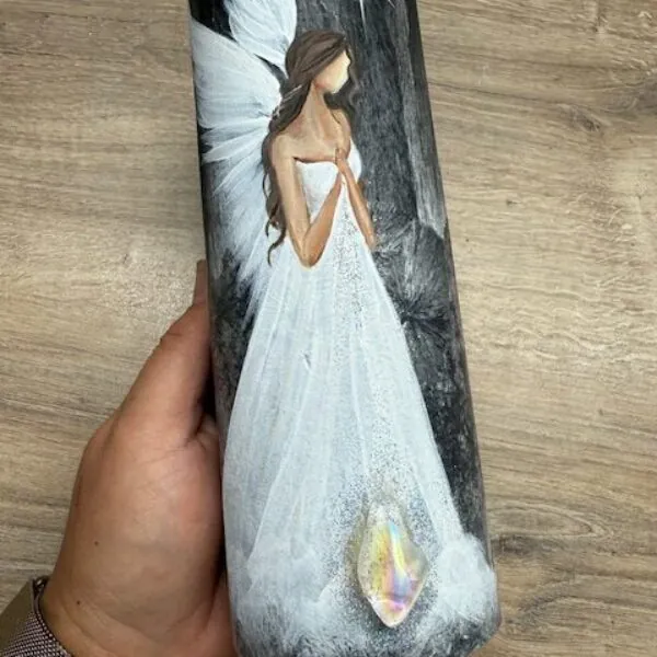 Andělská, ochranná, ručně malovaná svíce se záměrem | Příslib nových začátků | 20cm 1