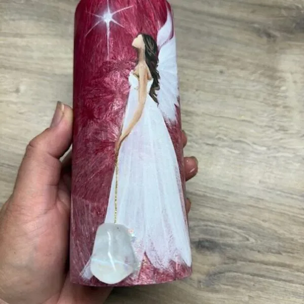 Andělská, ochranná, ručně malovaná svíce se záměrem  | Příslib nových začátků | 16 cm červená