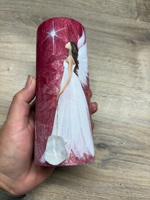 Andělská, ochranná, ručně malovaná svíce se záměrem | Příslib nových začátků | 16 cm červená