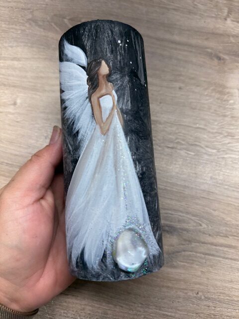 Andělská, ochranná, ručně malovaná svíce se záměrem | Příslib nových začátků | 16 cm 2