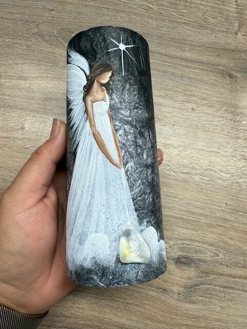 Andělská, ochranná, ručně malovaná svíce se záměrem | Příslib nových začátků | 16 cm 1