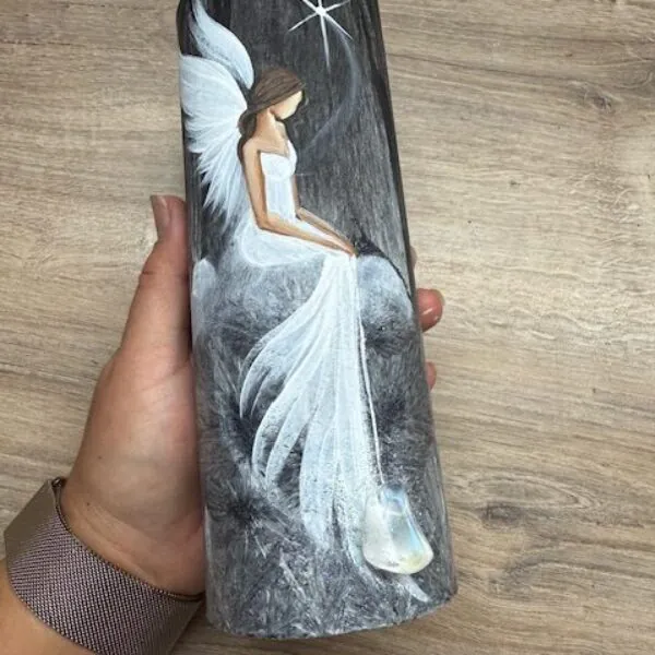Andělská, ochranná, ručně malovaná svíce se záměrem | Příslib nových začátků | 20cm 2