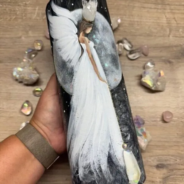 Andělská, ochranná, úplňková svíce s křišťály  | Hluboká pokora | 25 cm