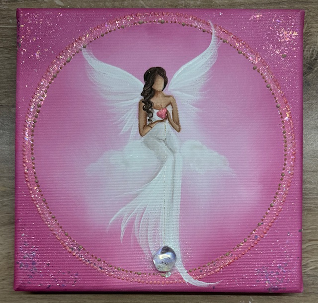 Andělský ochranný obraz s křišťálem| Láskyplný | 20x20 cm | Svítí ve tmě