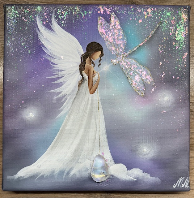 Andělský ochranný obraz s křišťálem | Tiché poselství | 20x20 cm