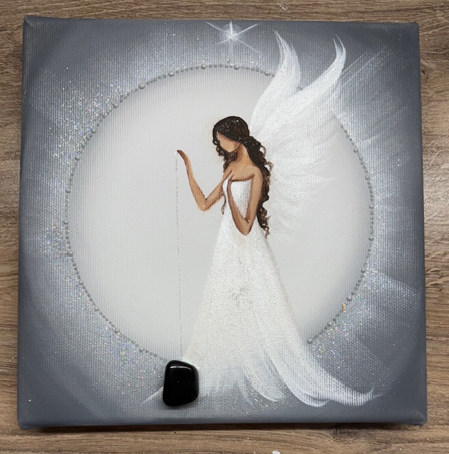 Andělský ochranný obraz s obsidiánem | Anděl strážný | 20x20 cm