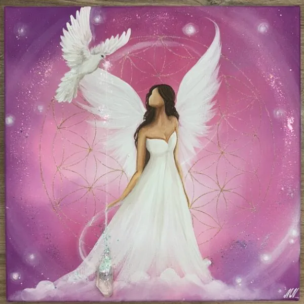 Andělský uklidňující obraz s křišťálem  | Vnitřní svoboda | 40x40 cm