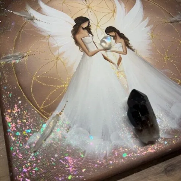 Andělský ochranný obraz s křišťály a záhnědou | Cesta světla | 30x30 cm