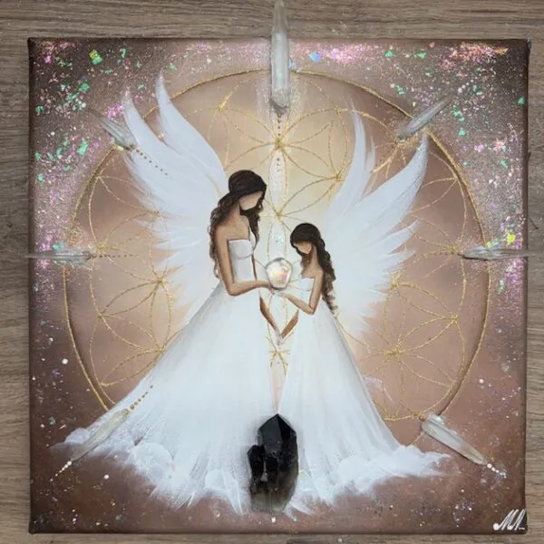 Andělský ochranný obraz s křišťály a záhnědou | Cesta světla | 30x30 cm