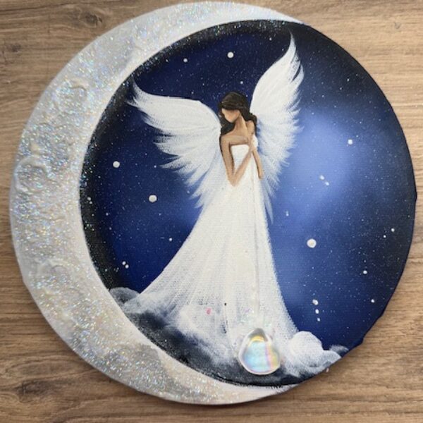 Andělský svítící, úplňkový obraz s křišťálem | Ve svitu měsíce | 20 cm