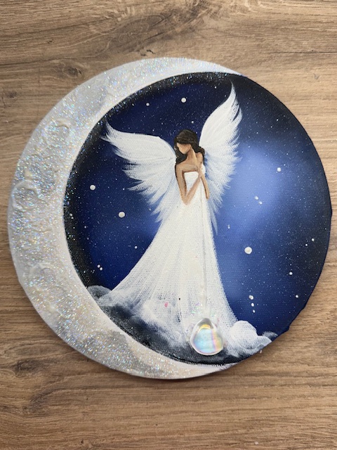 Andělský svítící, úplňkový obraz s křišťálem | Ve svitu měsíce | 20 cm