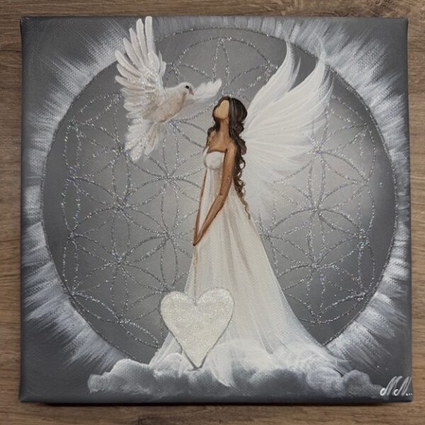 Andělský obraz v láskyplných energiích | Dotek čisté lásky | 20x20 cm šedý