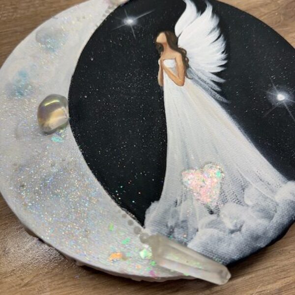 Andělský ochranný a svítící, úplňkový obraz s křišťálem | Osvícení stínů | 20cm