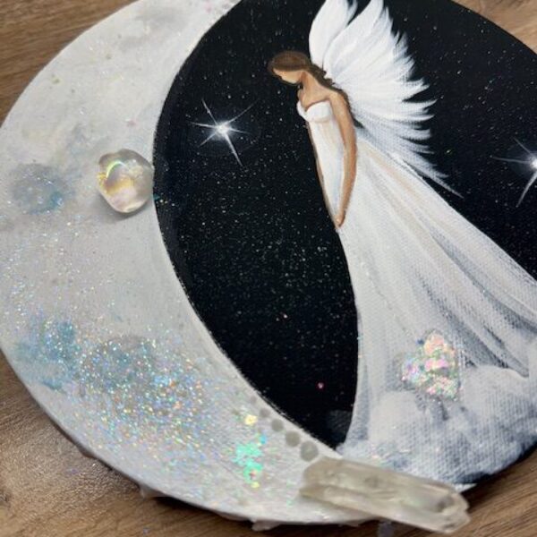 Andělský ochranný a svítící, úplňkový obraz s křišťálem | Osvícení stínů | 20cm 2