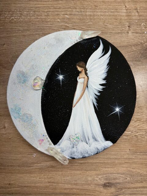 Andělský ochranný a svítící, úplňkový obraz s křišťálem | Osvícení stínů | 20cm 2