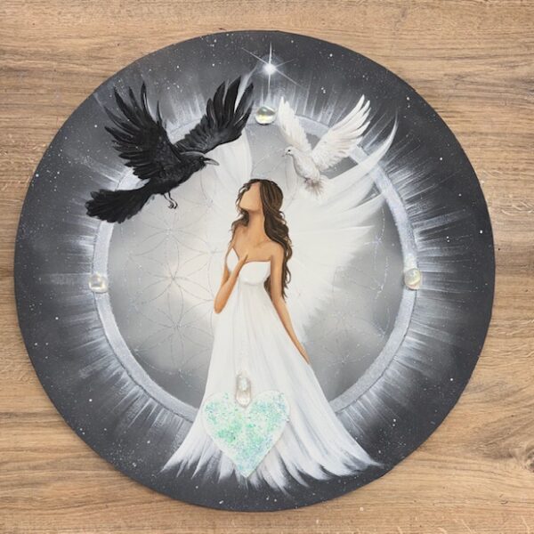 Andělský úplňkový ochranný obraz s křišťály  | V PRAVDĚ | 50 cm Svítí ve tmě