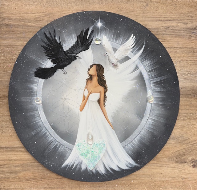 Andělský úplňkový ochranný obraz s křišťály | V PRAVDĚ | 50 cm Svítí ve tmě