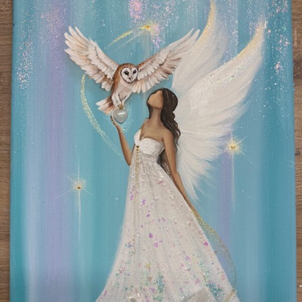 Andělský obraz s poselstvím a křišťály od autorky Michaely Němcové | Dotek ticha | 30x40 cm