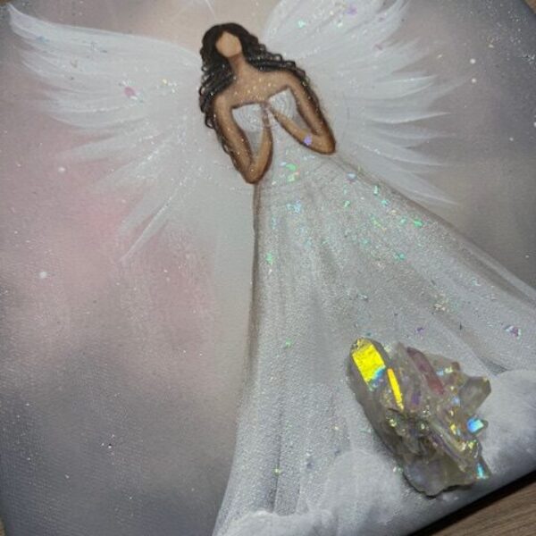 Andělský ochranný obraz se záměrem a drúzou křišťálu | Vzácnost tvé energie | 30x30 cm