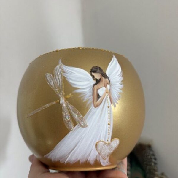 Andělský ručně malovaný obal na květiny | Dotek ticha | horní průměr 11 cm | Zlatý s vážkou 1