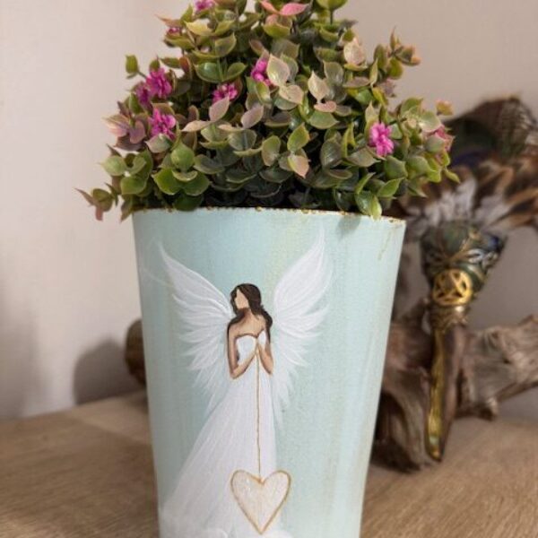 Andělský ručně malovaný obal na květiny | Nech rozkvést svou jedinečnost | horní průměr 12 cm | Jemný mátový