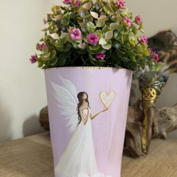 Andělský ručně malovaný obal na květiny | Nech rozkvést svou jedinečnost | horní průměr 12 cm | Levandulový